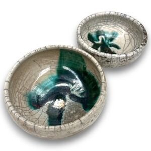 Set of 2 Raku Style Studio Art Pottery Bowls Signed Blue Teal Metallic Glaze